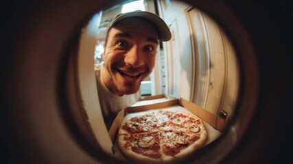 Delivery person look through peephole with delicious pizza box in hand. Joy on face, excitement of receiving food. Deliver service from pizzeria restaurant, cafe, promotion, add. Funny man, joke.