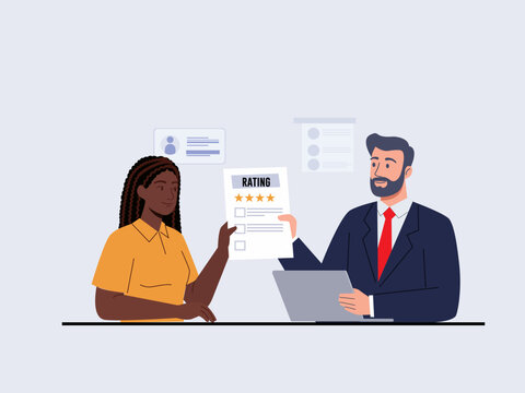 The manager provides a performance evaluation rating for an employee, illustrated as a vector graphic.