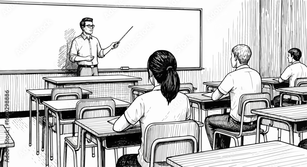 Aufkleber school classroom scene displays teacher with pointer instructing students. university lecture includ