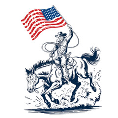 Vector Illustration of Cowboy Riding a Bucking Horse holding American Flag