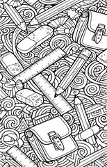 Intricate doodle pattern of school supplies and swirls
