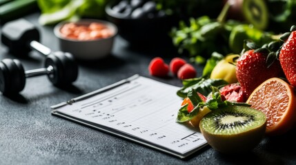 planner beside dumbbells and fruit
