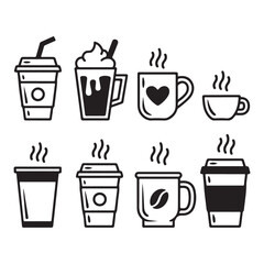 Collection of black and white coffee cup icons drink