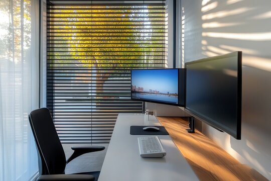 Modern workspace with dual monitors and natural light streaming through blinds