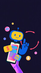 Digital composition of smiling chatbot over smartphone with finance icons on dark background. Concept of mobile banking automation, summer fintech UI and UX, user onboarding, education, presentations.