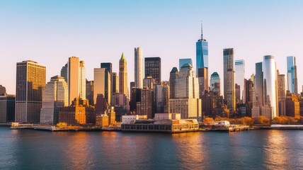 Obraz premium New York City Skyline at Golden Hour from the River View Stunning Urban Landscape