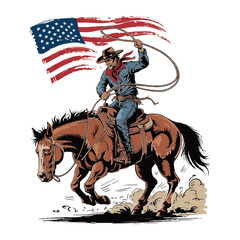 Fototapeta premium Vector Illustration of Cowboy Riding a Bucking Horse holding American Flag