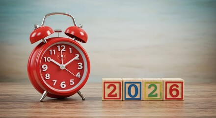 Red alarm clock next to 2026 blocks on a wooden table. New year countdown and time passing concept. For calendar, celebration.