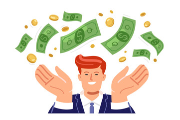 Happy businessman catches falling money with his hands. Successful business, investment, making money