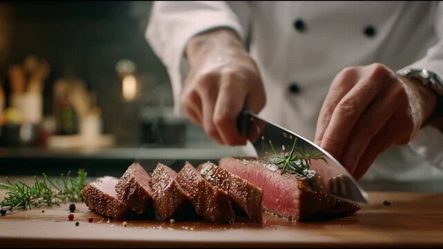 Moment before the final garnish touches down, Chef cutting A5 steak on the chopping block.