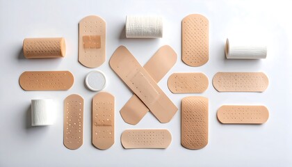 Assorted adhesive bandages on white background