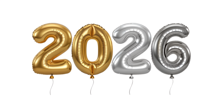 Gold and silver balloons shaped like numbers 2026 on white background  