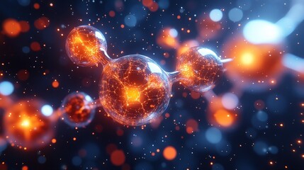 Abstract molecular structure, glowing orbs