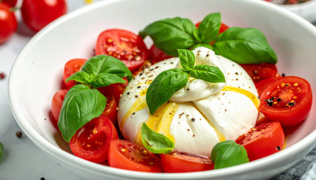 Bowl of burrata salad with cherry tomatoes, fresh basil leaves and drizzle of olive oil. Tasty food.