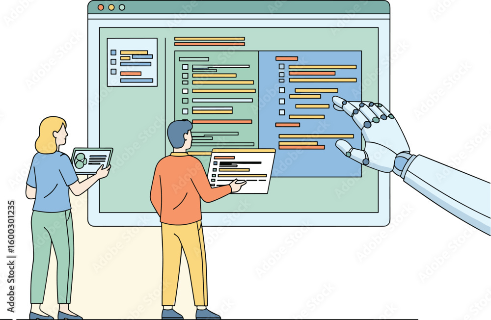 Poster two people reviewing code with robotic assistance. artificial intelligence, software development, co
