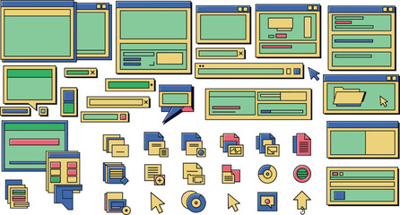 Computer interface icons and windows artfully arranged. Digital retro nostalgia, operating system, vintage aesthetic, computer graphics, retro style, design.
