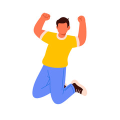 Flat vector illustration of a happy man jumping with raised fists. Wearing a yellow shirt and blue pants, he expresses joy and victory. Ideal for success, celebration, and motivation concepts.