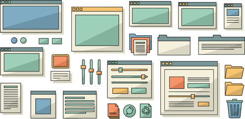 Desktop icons symbolize computer functions and organization. Digital interface elements, technology, user experience, data management.