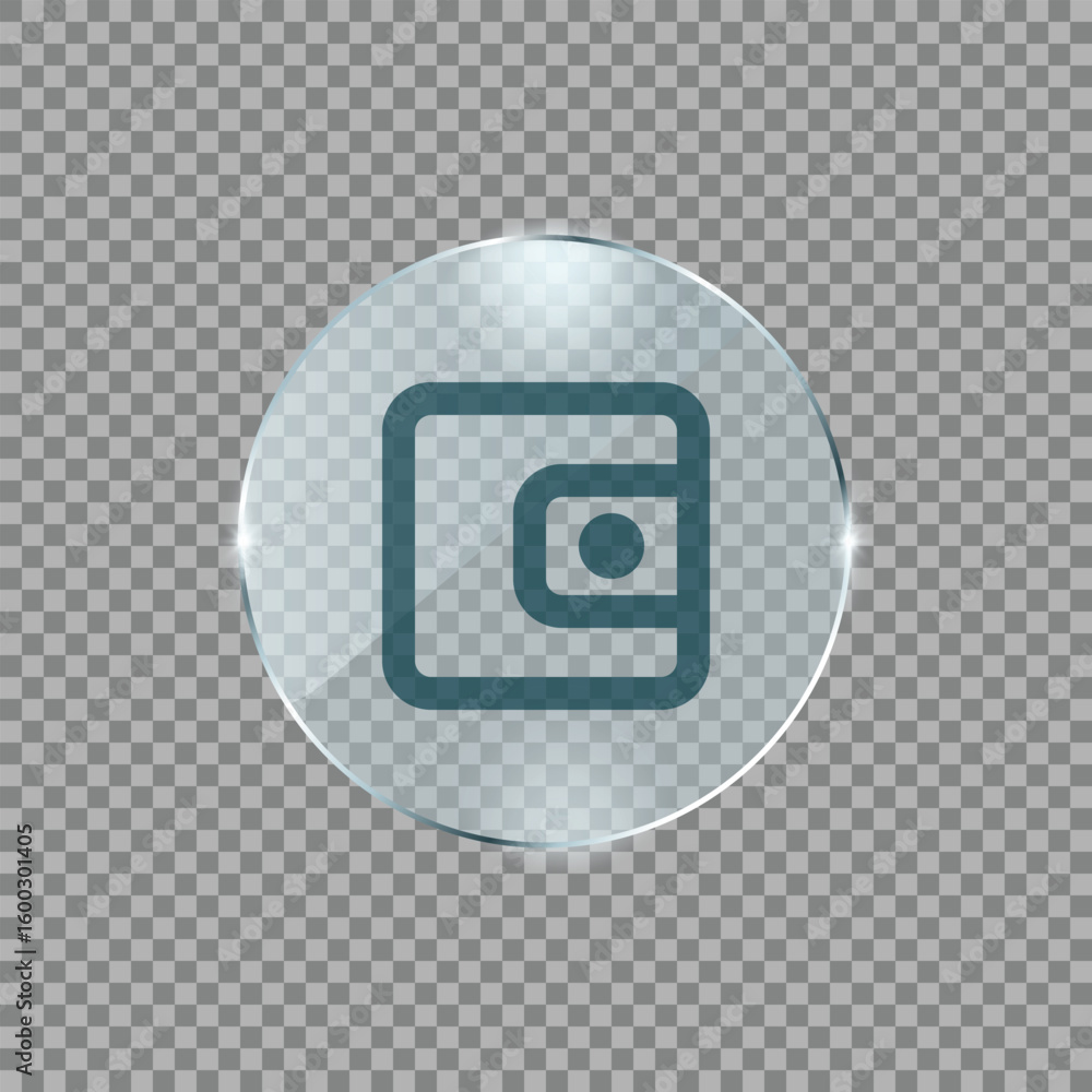 Poster wallet icon on glossy round steel button, transparent vector user interface element