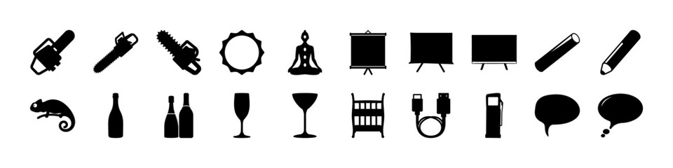 Black Silhouette Icon Set – Chainsaw, Tools, Drinks, Yoga, Presentation - A diverse set of black silhouette icons displayed in a row on a white background. The collection includes a chainsaw