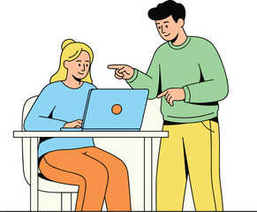 Man explains computer screen to seated woman at desk. Collaboration, teamwork, mentorship, workplace interaction, training session.