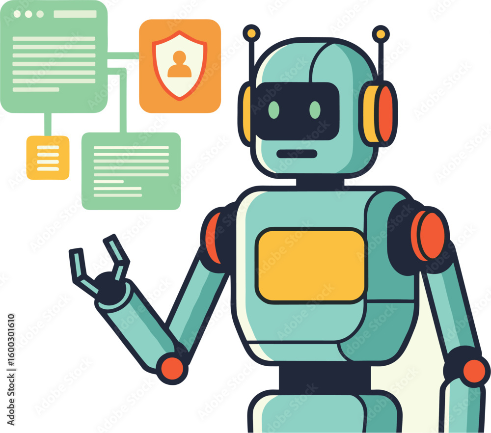 Poster robot points to data protection documents. robot, automation, security, privacy, data, technology, a