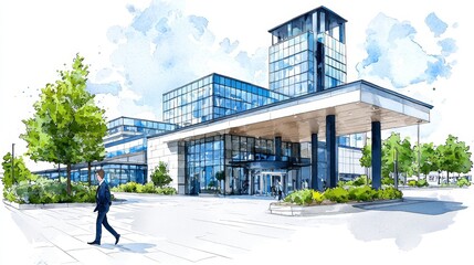 A businessman walks past a stunning watercolor illustration of a modern glass and steel office building showcasing its sleek design and expansive on a bright sunny day.