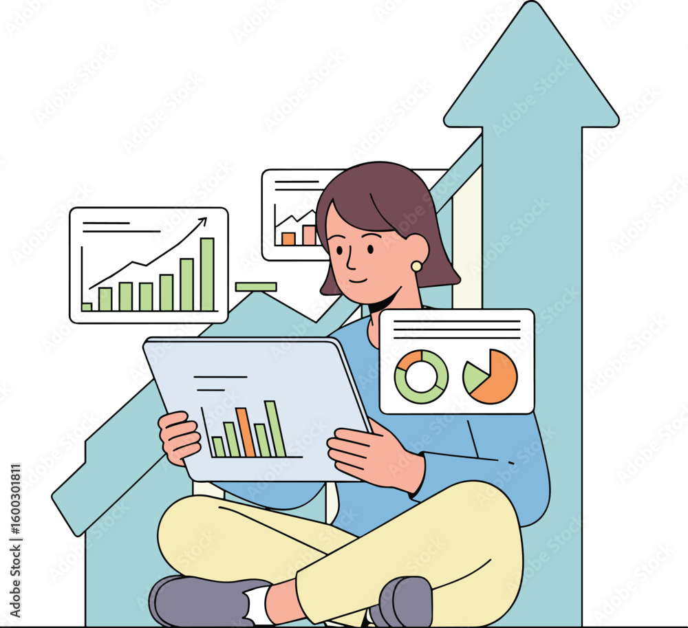 Poster woman analyzes data on a tablet with floating charts, visualizing growth. business analysis, data vi