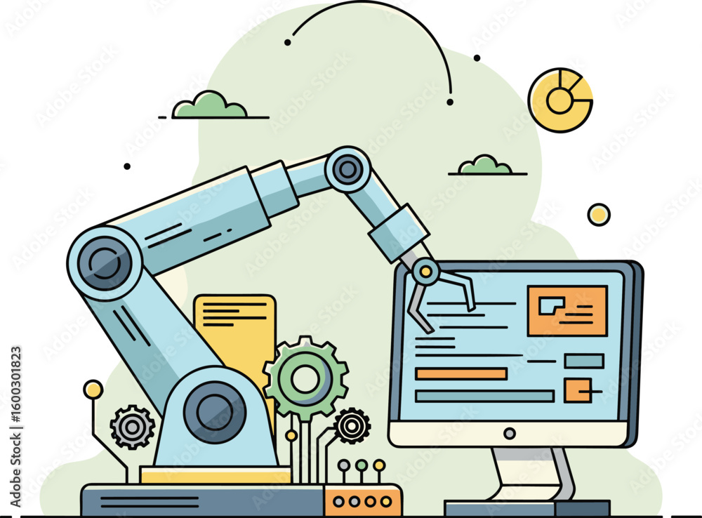 Poster automated arm reaches toward computer screen. modern technology, digital transformation, automation,