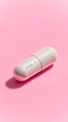 NAD+ Capsule On Soft Pink Background For Anti-Aging Supplement Visuals, Longevity Wellness Trends, Modern Biohacking Concepts, And Minimal Pharmaceutical Product Design