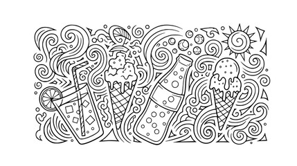 Obraz premium Whimsical doodle art of refreshing drinks and sweet treats