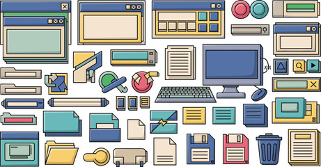 Retro computer interface elements in flat design. Vintage tech, old school computing, software elements.