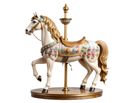  Antique Carousel Horse with Painted Saddle, Side View, Isolated on Transparent Background