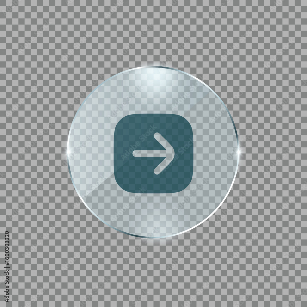 Aufkleber right arrow icon on circular metallic button, transparent ui vector symbol