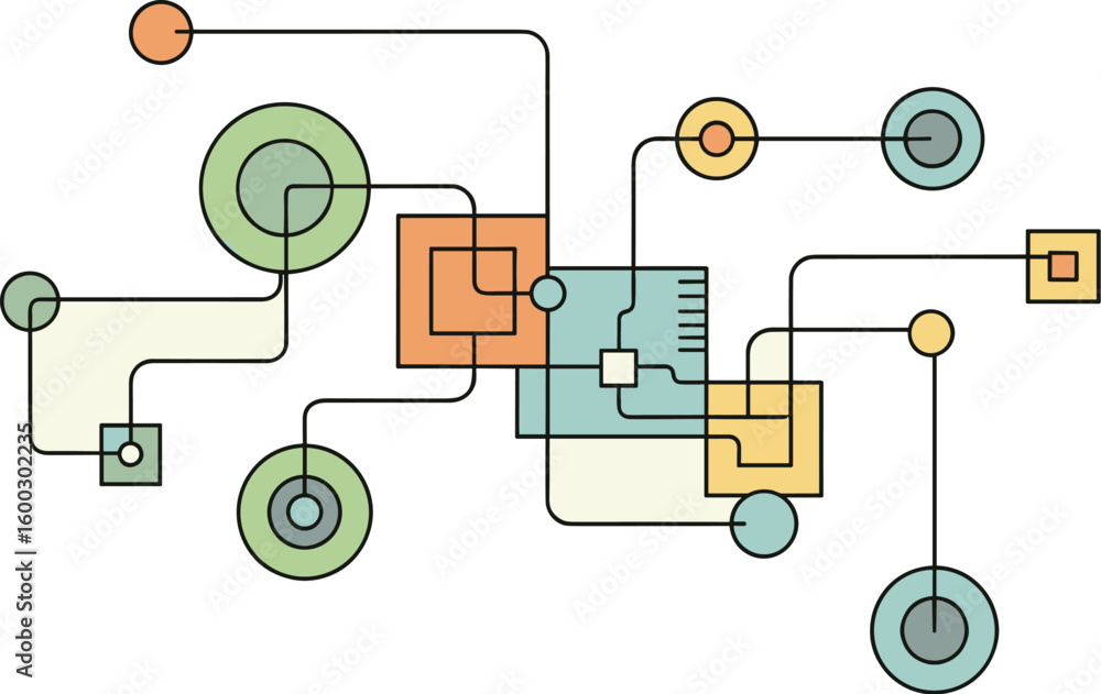 Poster abstract geometric network diagram with connected shapes. circuit board, interconnection, technology