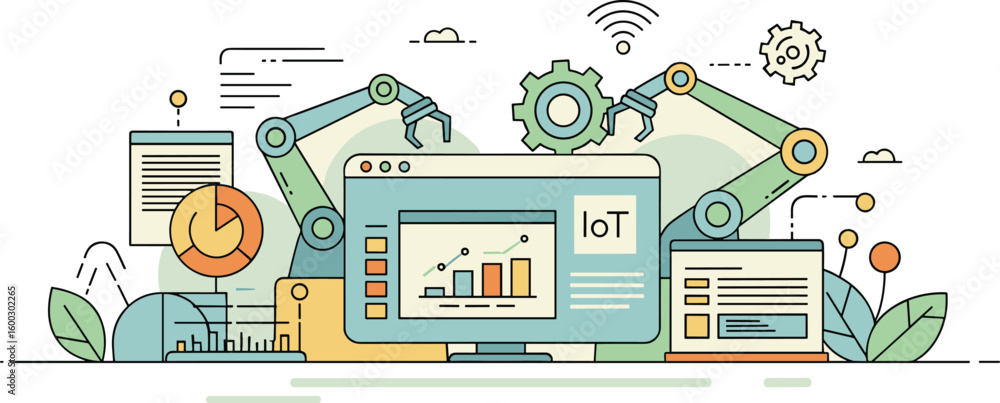 Poster robotic arms work with iot technology displayed on a monitor. automation, internet of things, indust