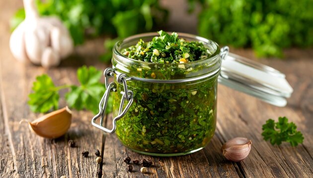 Fresh herb sauce in glass jar