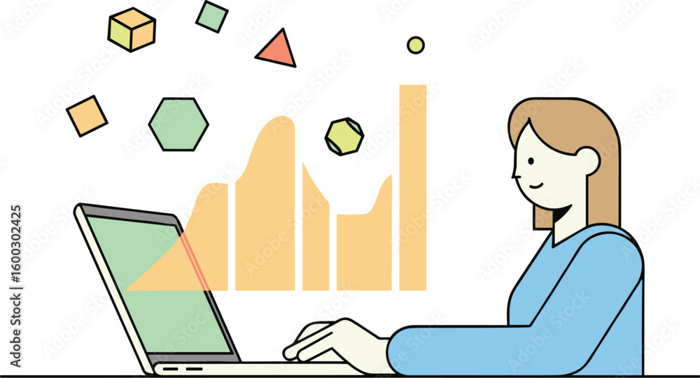 Poster woman works at a computer with data chart. business analyst, technology, data visualization, financi