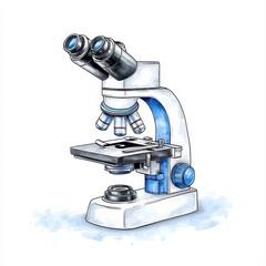 A detailed watercolor illustration depicts a classic binocular microscope perfect for science education materials or medical research publications showcasing its intricate details