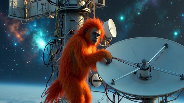 A large orange creature is standing on a satellite dish