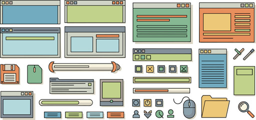 Computer and user interface elements illustrated. Graphic design, technology, retro, vector, software, hardware.