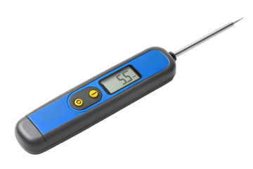 A professional handheld digital pH meter with a stainless steel probe, showing a reading on its LCD screen. Isolated on a clean white background.