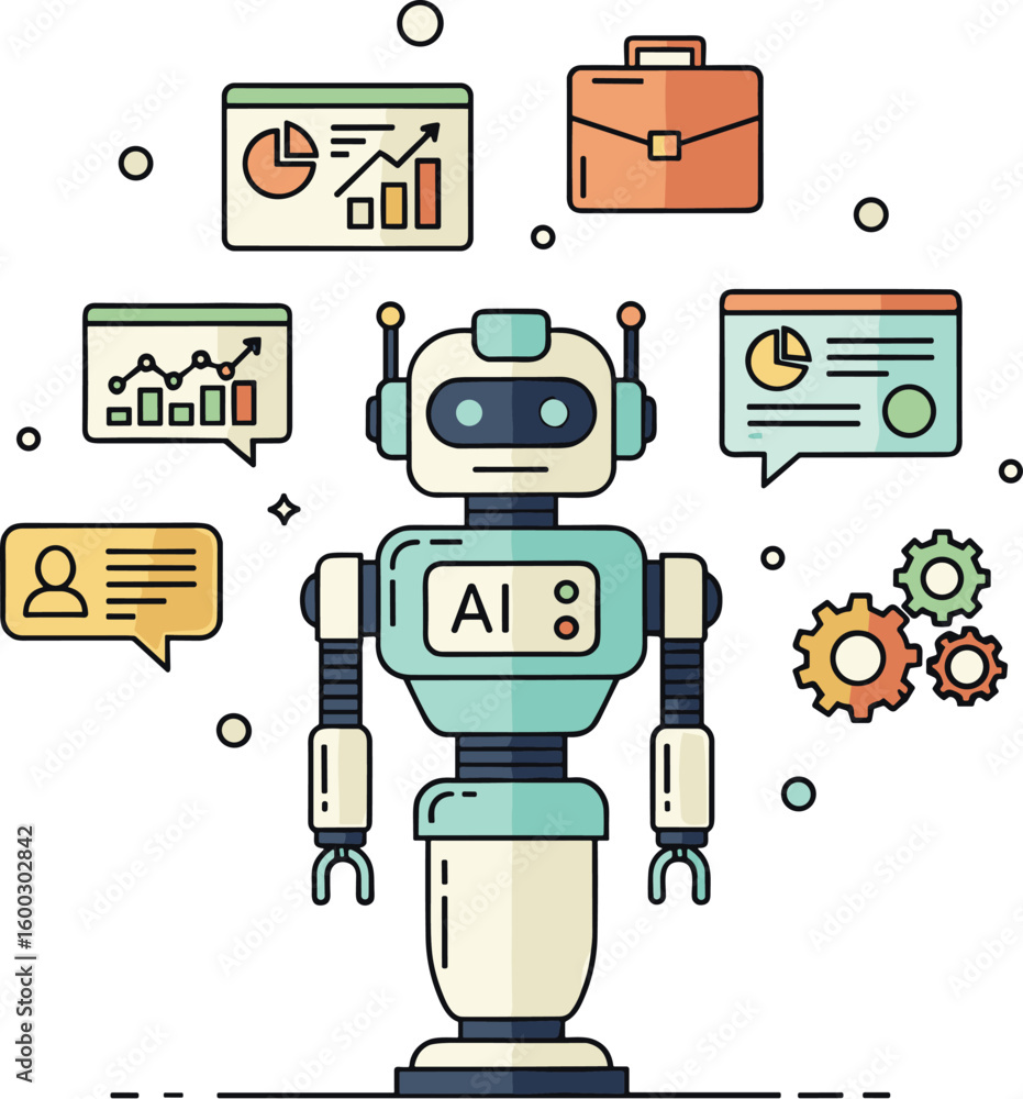 Poster ai robot presents business data and analytics. future technology, artificial intelligence, automatio