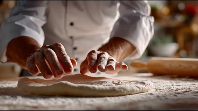 Captured slow motion, a chef delicately thresh pizza flour, signaling the meal&rsquo;s completion with a refined flourish.