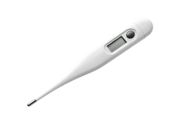 White digital clinical thermometer for measuring body temperature. Medical equipment isolated on a clean white background for healthcare concepts.