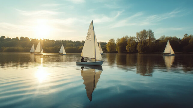 Sailboats gliding across a calm lake reflecting the sunlight and trees in the tranquil water scene