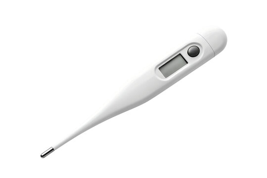 White digital clinical thermometer for measuring body temperature. Medical equipment isolated on a clean white background for healthcare concepts.