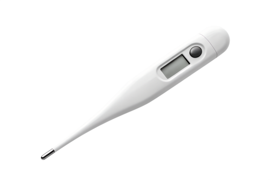 White digital clinical thermometer for measuring body temperature. Medical equipment isolated on a clean white background for healthcare concepts.