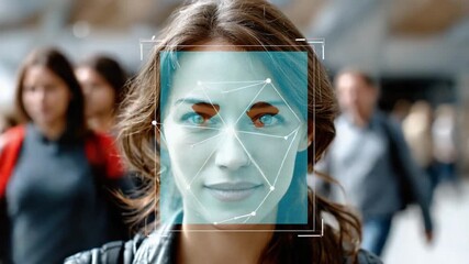 Facial Recognition Technology: A striking visualization captures a woman's face, superimposed with a digital interface, as if in the midst of advanced facial recognition processes. - Powered by Adobe