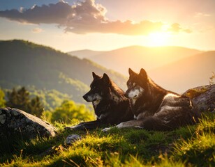 Black wolf silhouette against an orange sunset sky, a wild mammal in nature